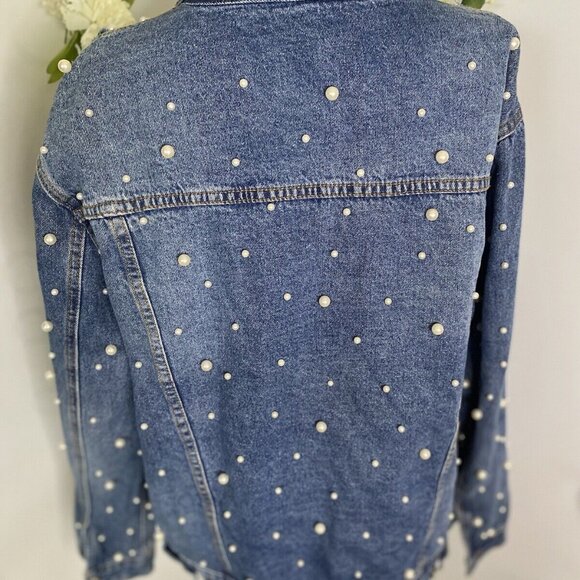 Sunset + Spring Denim Jacket Pearl Embellishment Bride Embroidered Size L NWOT - Picture 4 of 16